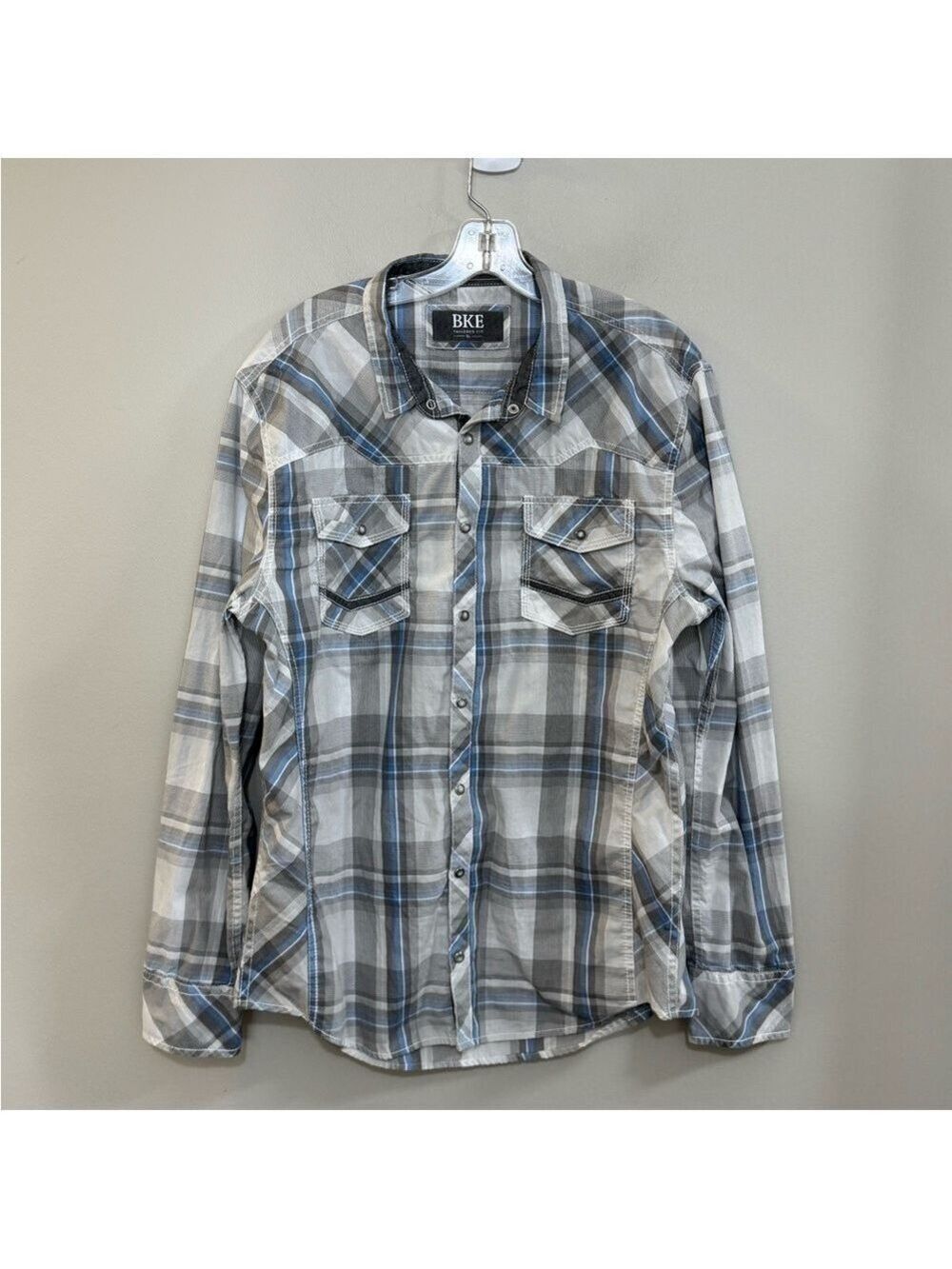 Men's BKE Tailored Fit Blue/Gray Pearl Snap Long Sleeve Western Shirt. Size XL